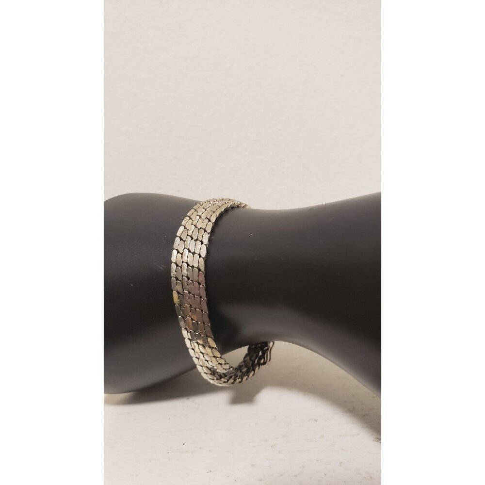 Vintage Silver Bracelet Three Rows of Flat Dark Silver Stamped Flat Silver